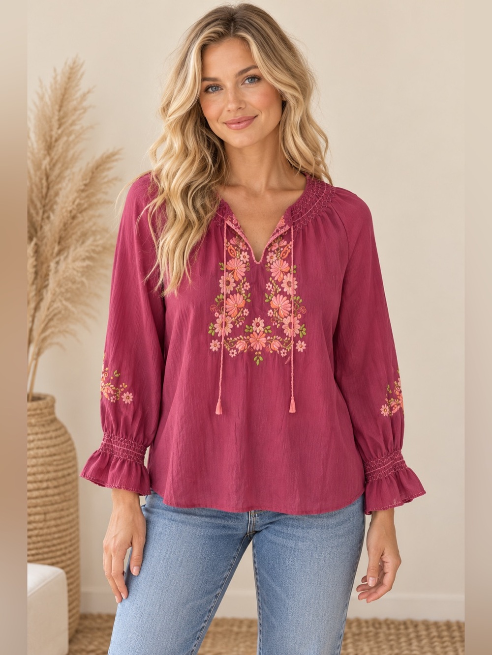 Vintage Boho Minimalist Raspberry Pink Embroidered Peasant Blouse